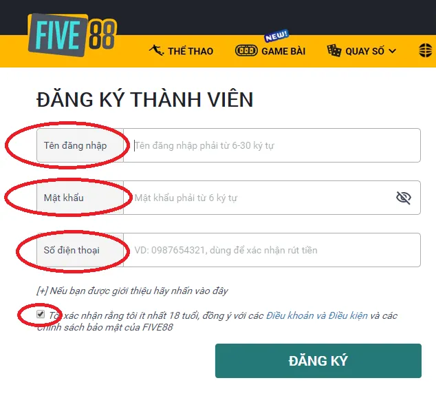 Điền đầy đủ thông tin khi đăng ký Five88